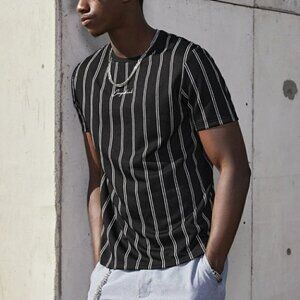 Preppy Black & White Striped Men's Round Neck Tee